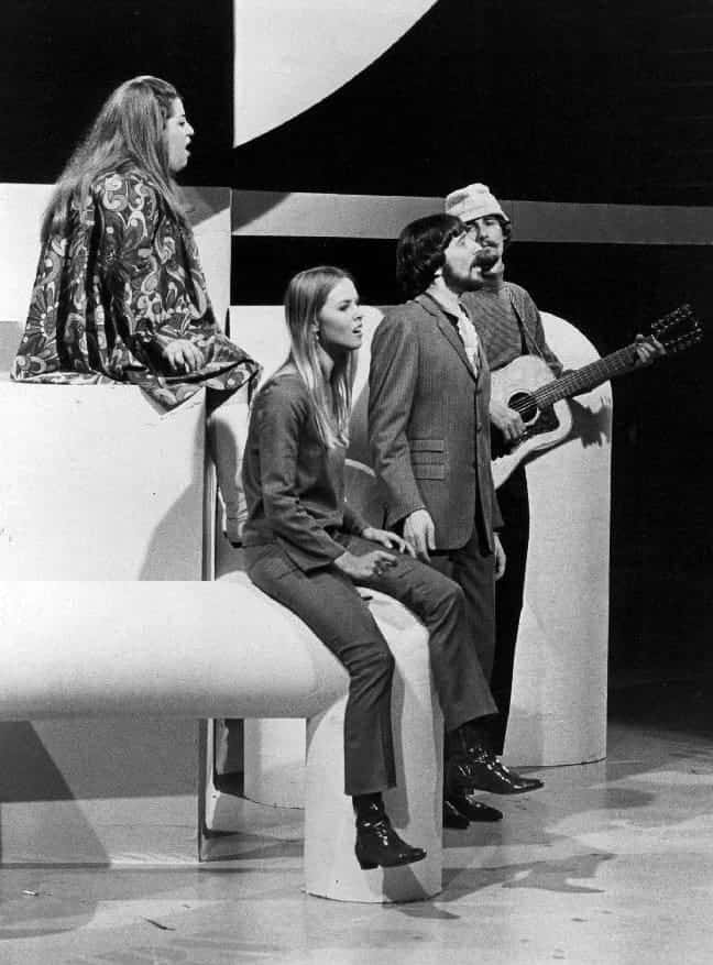 The Mamas & the Papas from a 1967 ABC Television program, The Songmakers". From left-Cass Elliot (at back), Michelle Phillips, Denny Doherty and John Phillips.